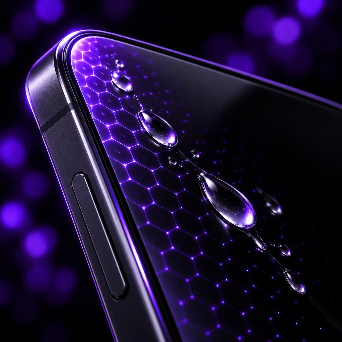 Gotas de líquido protetor sobre o vidro de um smartphone Android, com hexágonos em luz roxa Gotas de líquido protetor sobre o vidro de um smartphone Android, com hexágonos em luz roxa