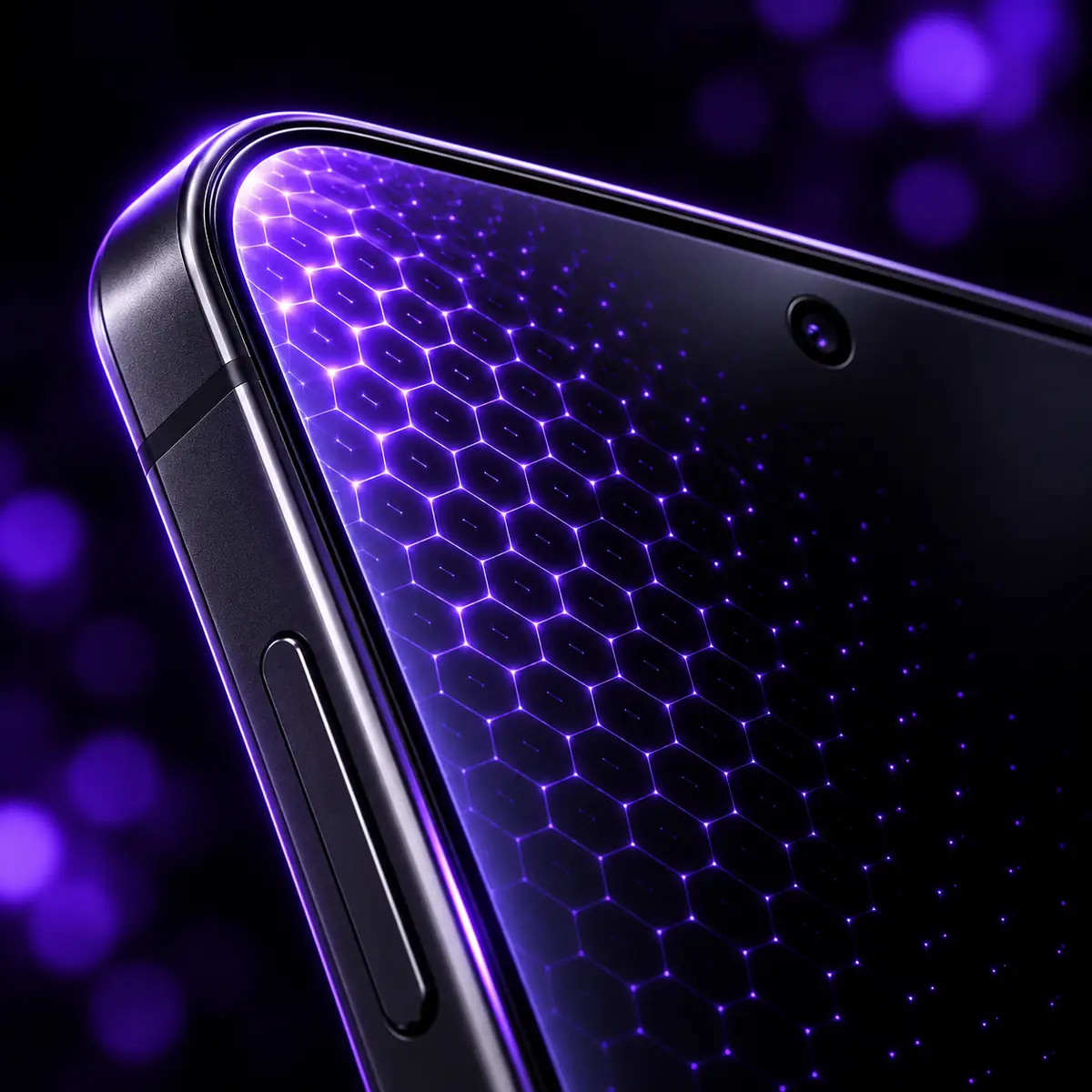 Camada de hexágonos em luz roxa sobre o canto da tela de um smartphone Android Camada de hexágonos em luz roxa sobre o canto da tela de um smartphone Android