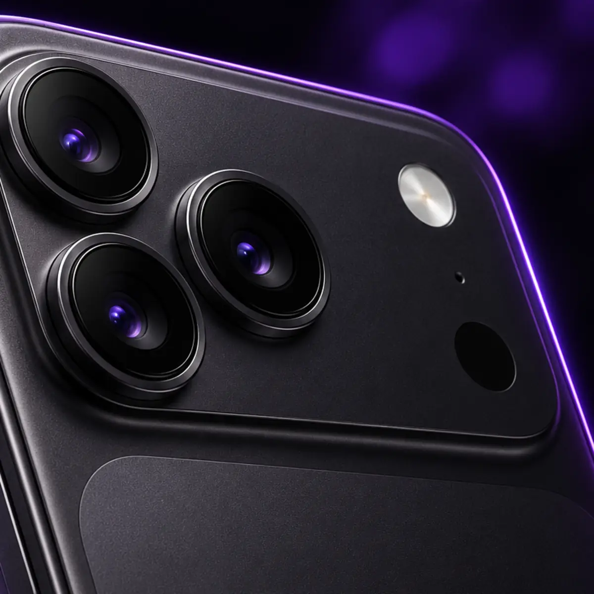 Detalhe das câmeras de um smartphone premium escuro com brilho roxo