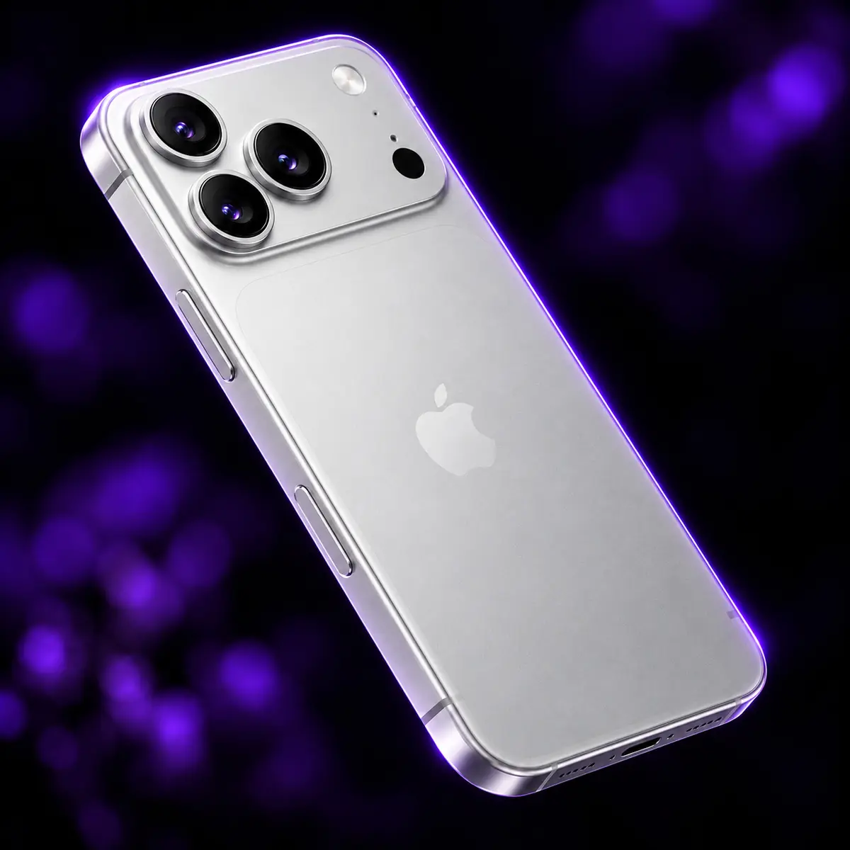 Smartphone prateado de costas com a luz roxa da Doctor Shield