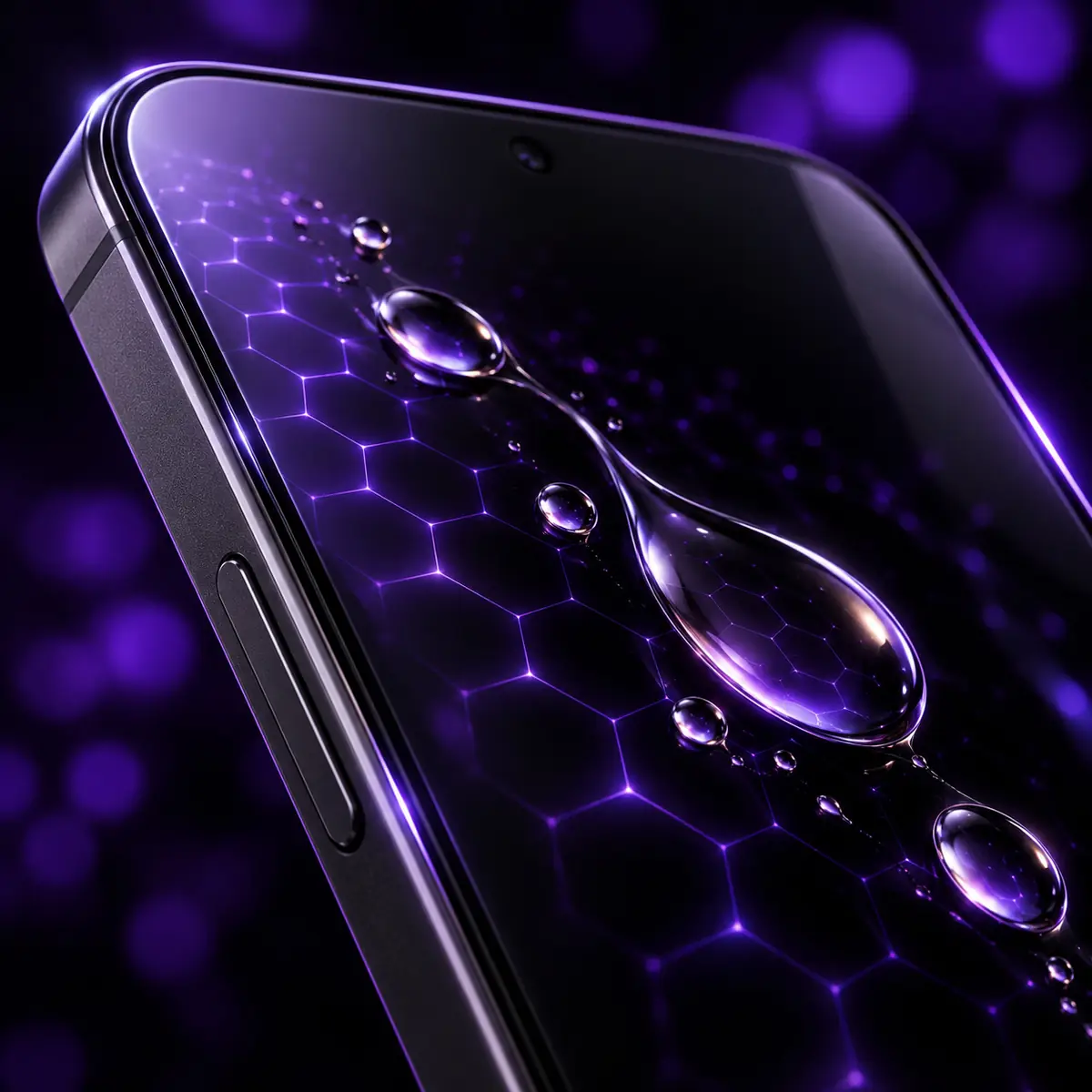 Gotas de líquido protetor sobre o vidro de um smartphone, com hexágonos em luz roxa