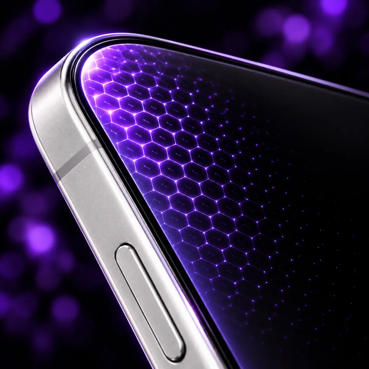 Camada de hexágonos em luz roxa sobre o canto da tela de um smartphone com bordas prateadas