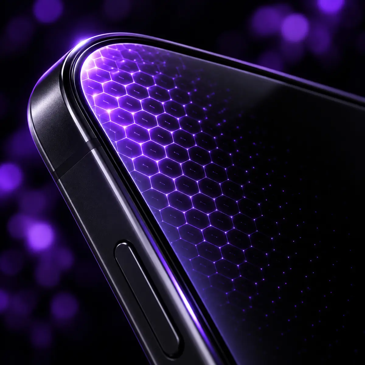 Camada de hexágonos em luz roxa sobre o canto da tela de um smartphone escuro