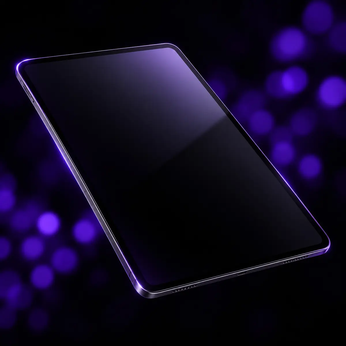 Tablet escuro em perspectiva com a luz roxa da Doctor Shield